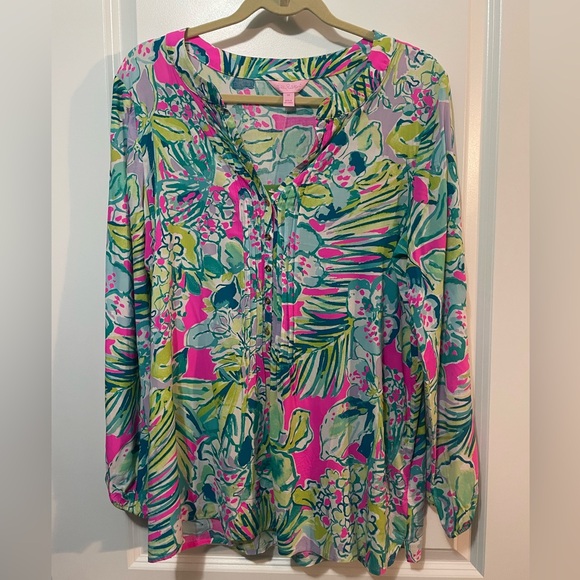 Lilly Pulitzer Tops - NWT Lilly Pulitzer Multi Early Bloomer Long Sleeve Blouse in Pink and Green Sz M